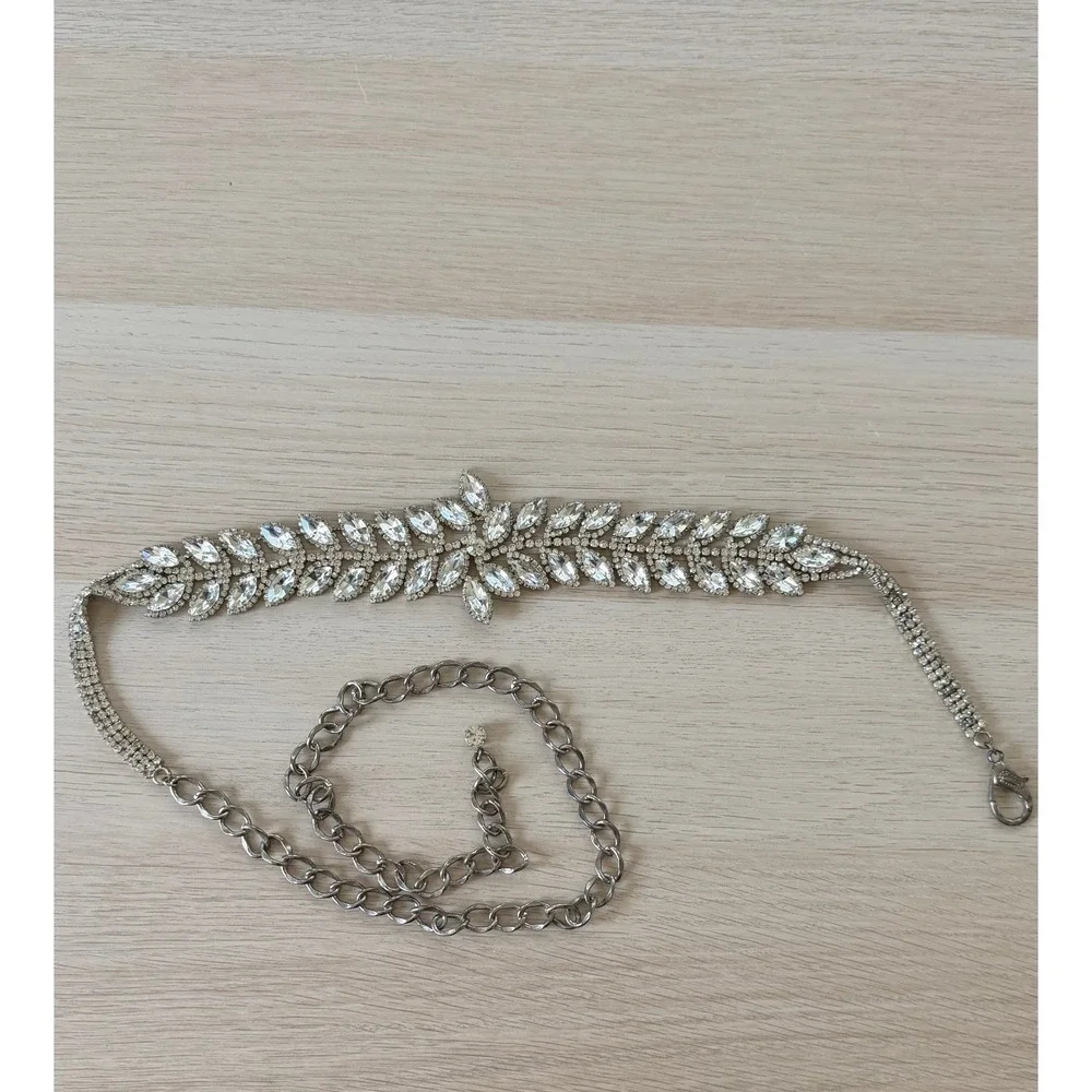 Silver Rhinestone Leaf Statement Belt Adjustable Crystal Chain Bridal Formal